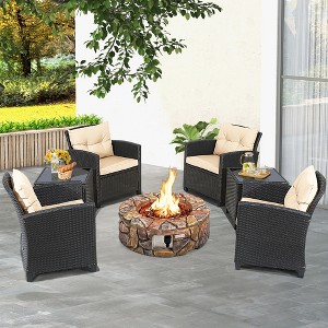 Costway 7PCS Patio Rattan Wicker Furniture Set Gas Fire Pit Table Sofa Cushion - 1 of 4