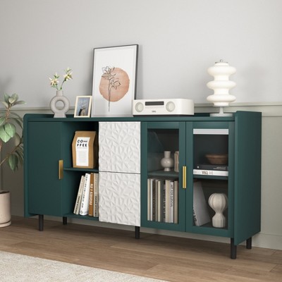 KTMBDW Modern Kitchen Pantry Storage Cabinet , 55" Coffee Bar Storage Cabinet with 2 Drawers and 2 Glass Doors, Buffet Table for Kitchen, Living Room