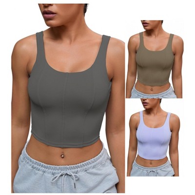 INSPIRE CHIC 3 Pcs Womens U Back Longline Padded Sports Bra Cami Crop Workout Fitness Tank Top with Built in Bra