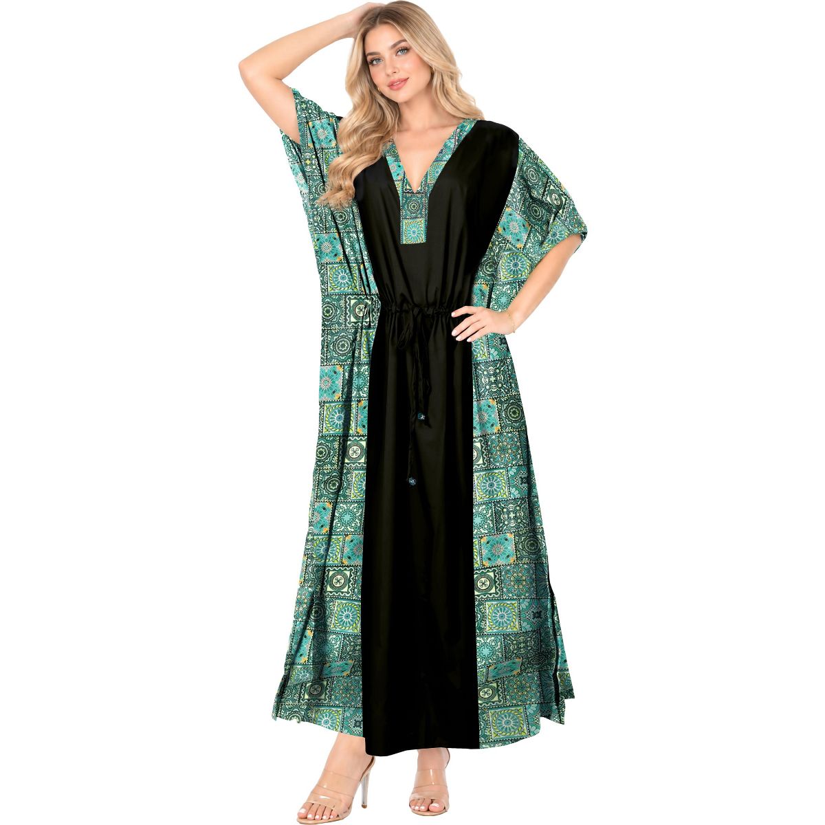 LA LEELA Summer Rayon Blend Beach Caftan Dress for Women Resortwear Vacation Cruise Holiday Travel Loungewear Cover Up 2X-3X Green Floral