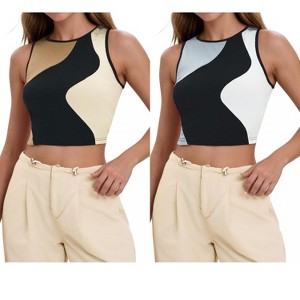 INSPIRE CHIC Women's Color Block Summer Crew Neck Ribbed Sleeveless Crop Going Out Tank Tops 2 Packs - 1 of 4