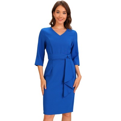 Allegra K Women's Half Sleeve Waistband Work Midi Work Office Casual Dress