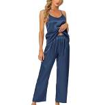 cheibear Womens Satin Lounge Solid Color Cami Tops with Pants Sleepwear Pajamas Sets