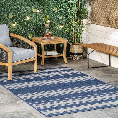 Blue and White Striped Synthetic Indoor/Outdoor Rug