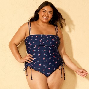 Women's Floral Print High Leg Cheeky Adjustable Tunneled Side One Piece Swimsuit - Wild Fable™ Navy Blue - 1 of 3