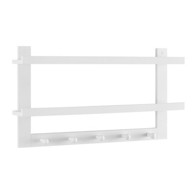 Danya B 29 in. 2-Tier Black Ledge Wall Shelf Entryway or Bathroom Organizer with Five Hanging Coat or Towel Hooks