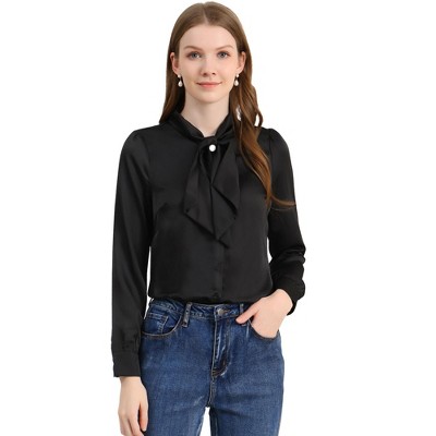 INSPIRE CHIC Women's Button Down Shirt Tie Neck Satin Business Casual Blouse
