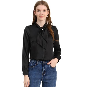 INSPIRE CHIC Women's Button Down Shirt Tie Neck Satin Business Casual Blouse - 1 of 4