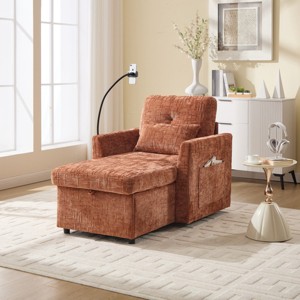 Multifunctional Chenille Chaise Lounge Recliner with Hidden Storage, Adjustable Phone Holder & Side Pockets for Small Spaces-3irtyhousy - 1 of 4