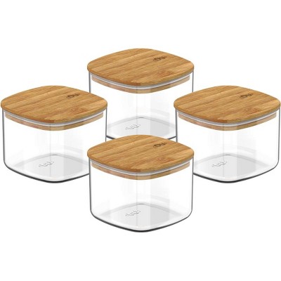 OU Airtight Food Storage Container Set 8pc (set of 4) Clear Plastic Storage Container with Leak Proof Bamboo Lid, Stackable Kitchen Pantry Organizer