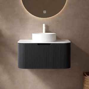 FAMYYT 30 in. Single Sink Floating Curved Edge Black Bath Vanity with White Marble Top (Assembled), Round Sink - 1 of 4