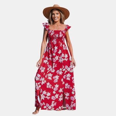 Women's Red Floral Off-shoulder Flutter Sleeve Maxi Dress - Cupshe-l-red :  Target