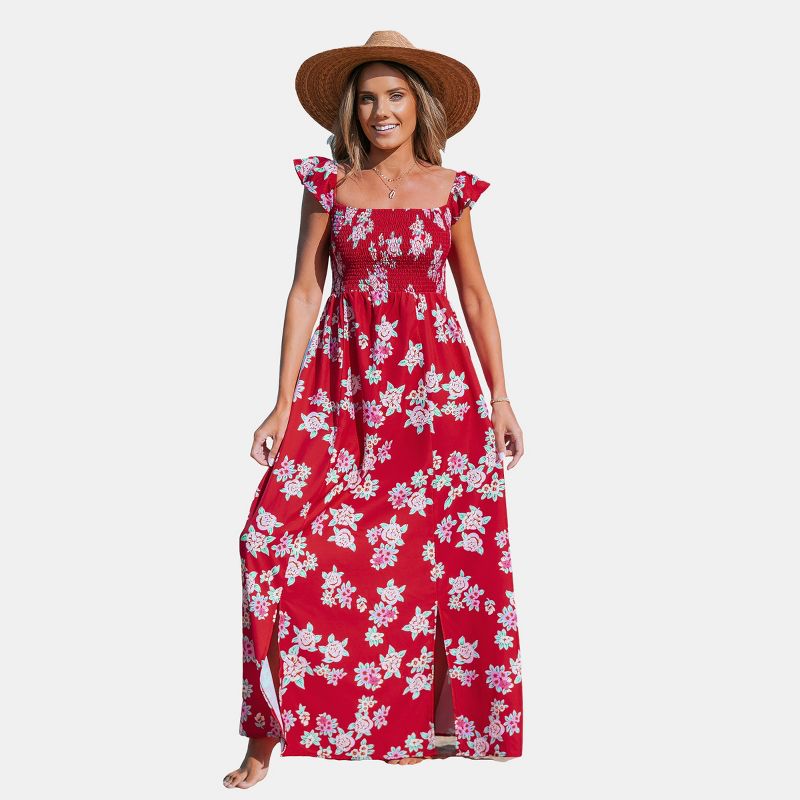 Women's Red Floral Off-Shoulder Flutter Sleeve Maxi Dress - Cupshe, 1 of 6