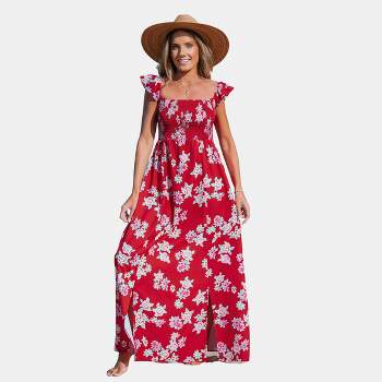 Women's Red Floral Off-Shoulder Flutter Sleeve Maxi Dress - Cupshe