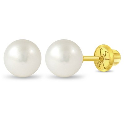 14k Yellow Gold French Screw-Back White Cultured Pearl Earrings