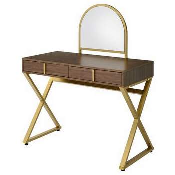 50" Classic Arched Mirror Vanity Desk and Metal Frame Brown/Gold - Benzara