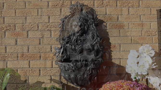 Sunnydaze 30"H Solar-Powered with Battery Pack Polyresin Stoic Courage Lion Head Outdoor Wall-Mount Fountain, 2 of 11, play video