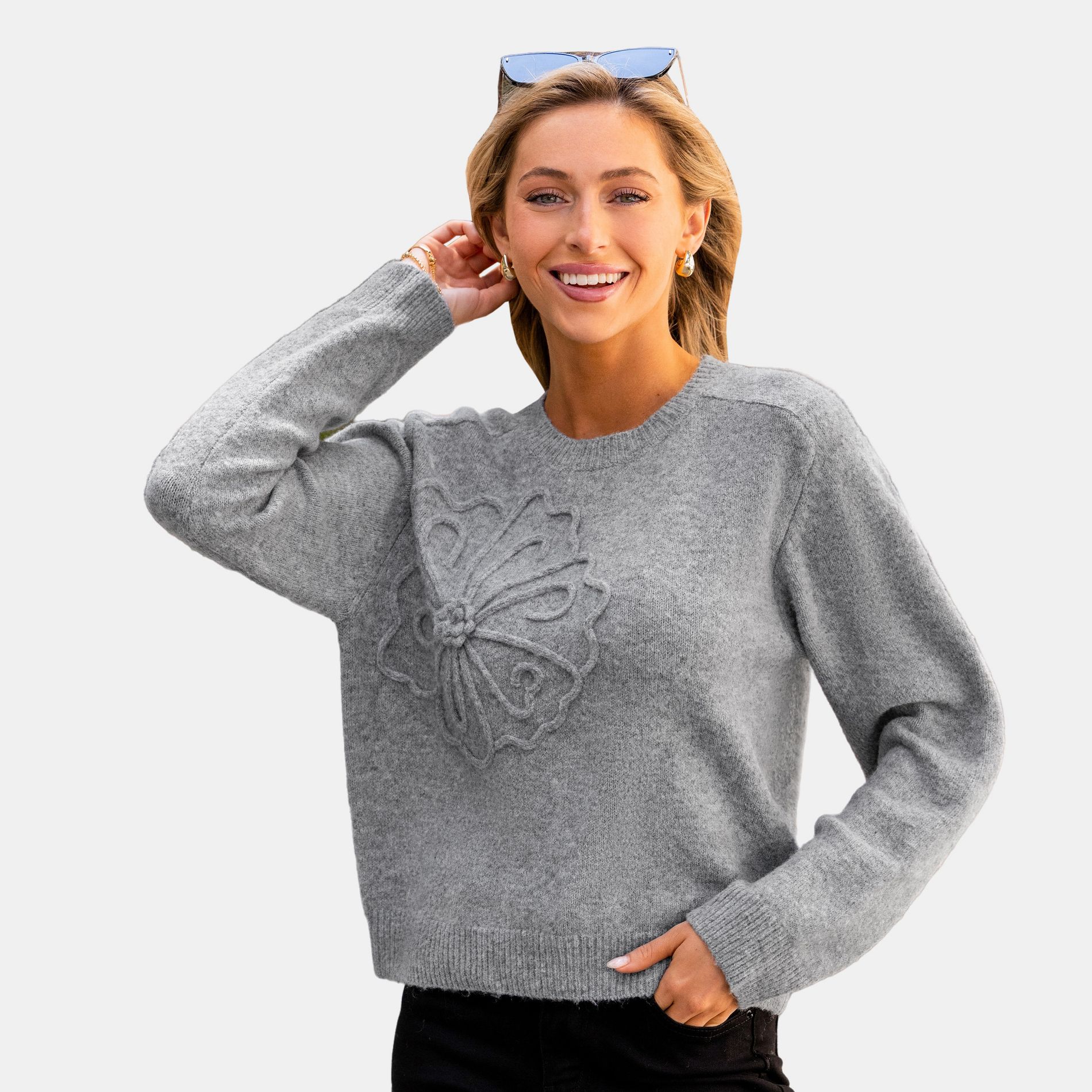 Women's Cozy Floral Embossed Gray Knit Sweater - Cupshe-M-Gray