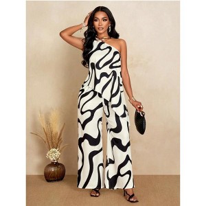 Mocamel Women's Casual Sloping Shoulder Asymmetrical Top & Wide-Leg Pants Set - Random Black Flowers on White, Ideal for Vacation & Daily Wear - 1 of 4