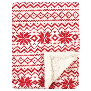 Hudson Baby Infant Plush Blanket with Faux Shearling Back, Red Fair Isle, One Size