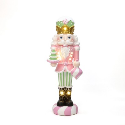 LuxenHome Lighted Nutcracker Pink Soldier with Candy Tree, Battery Operated Holiday Decoration