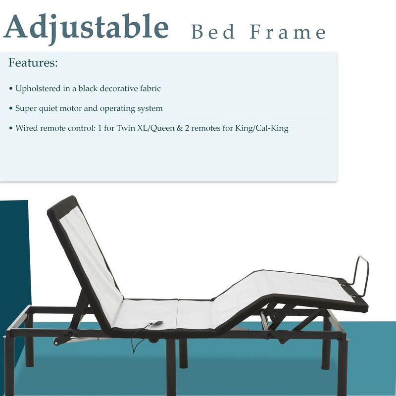Continental Sleep,15" Adjustable Bed Base With Head and Foot Incline, Wired Remote, Patented Screw-In 6 Legs, White, 6 of 9