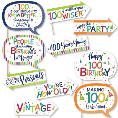 Big Dot of Happiness Funny 100th Birthday - Cheerful Happy Birthday - Colorful One Hundredth Birthday Party Photo Booth Props Kit - 10 Piece