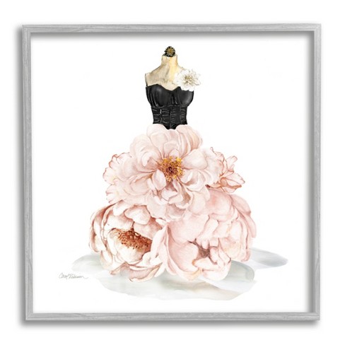 Stupell Industries Pink Peonies Floral Dress Black Corset Fashion Mannequin  Gray Framed Giclee, 12 x 12