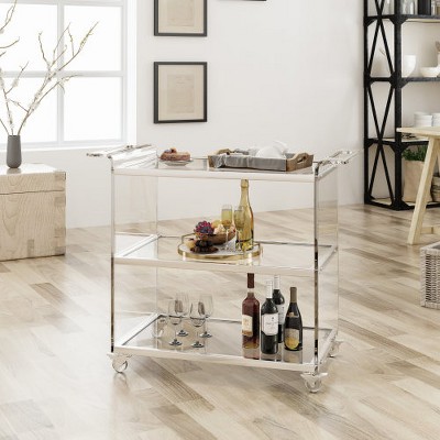 Modern Acrylic Bar Cart with Tempered Glass Shelves  Sleek Rolling Serving Cart for Kitchen, Dining, or Entertaining
