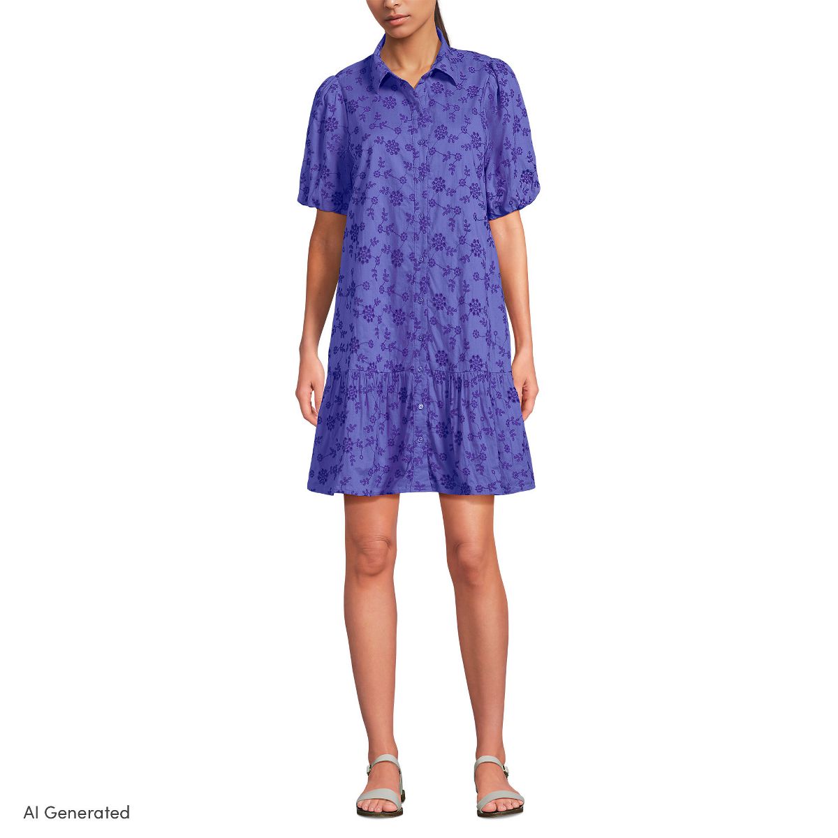 Lands' End Women's Elbow Sleeve Eyelet Knee Length Shirt Dress