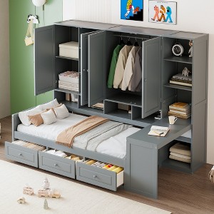 TIRAMISUBEST Twin/Full Size Wooden Daybed with Drawers, All-in-One Cabinet, Desk and Shelves, Storage Bed Frame - 1 of 4