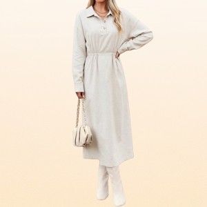 EadianDree Womens Long Sleeve Polo Shirt Dress Casual Elastic High Waist Button Down Collared Linen Blend Midi Dresses for Women,Apricot