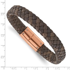 Chisel Stainless Steel Polished Rose IP-plated Brown Braided Leather 8.5" Bracelet - 1 of 4