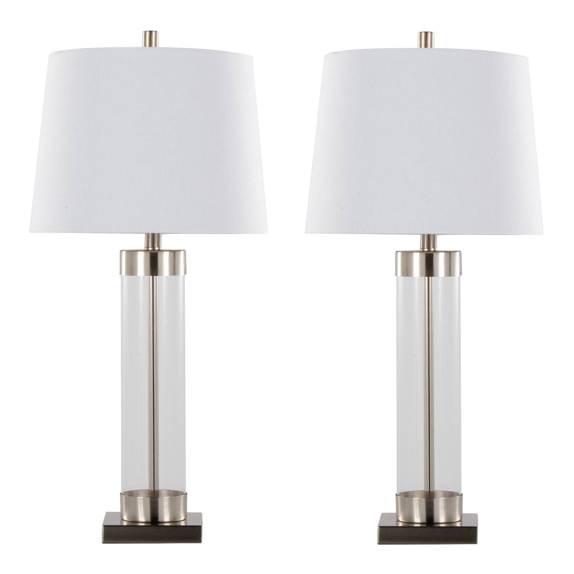 LumiSource Set of 2 Glacier 30" Contemporary Glass Table Lamp in Clear Glass and Brushed Nickel with White Linen Shade from Grandview Gallery