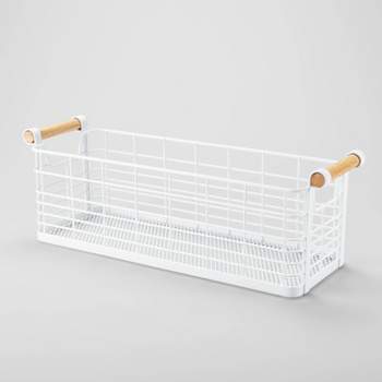 16" x 6" x 6" Medium Rectangular Wire Natural Wood Handles Basket White - Brightroom™