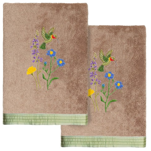 2pc Hada colibri Design Embellished Hand Towel Set Cocoa Linum Home Textiles Midweight Terry Target