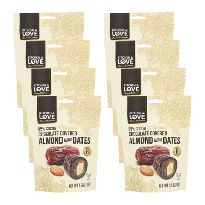 Kitchen & Love 85% Cocoa Extra Dark Chocolate Covered Almond Stuffed Dates - Case of 8/3.5 oz