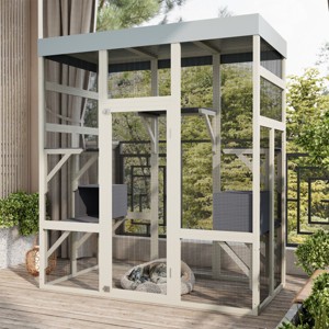 LAOTIES 62" Wooden Outdoor Catio,Large Waterproof Cat Enclosure with Multi-Level Platforms And Rust-Proof Wire Mesh - 1 of 4