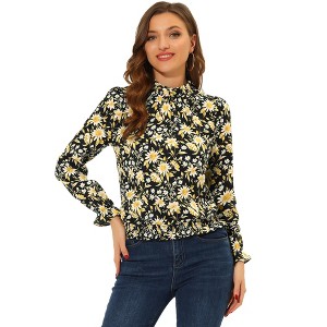 INSPIRE CHIC Women's Smocked Waist Ruffled Hem Stand Collar Floral Dots Blouse - 1 of 4