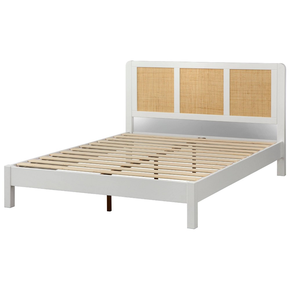 Photos - Bed Lifestorey Queen Larkin Panel Platform  Real Rattan White/Natural: Mid-Century Design, No Box Spring