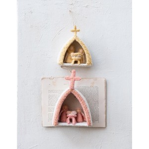 Storied Home Handmade Wool Felt Holy Family Ornament with Metallic Thread Embroidery, Blush Color and White - 1 of 2