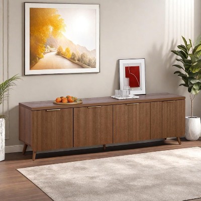 SEVOBAL TV Stand Entertainment Center for Up to 60" TVs Solid Wooden Legs Gold Handles with 4 Cylindrical Stripe Doors, Fluted Television Stands