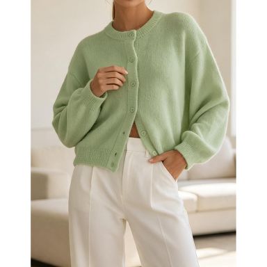 Women Crew Neck Button Down Knit Cardigan Casual Loose Long Sleeve Sweater Jacket, Green, L : Target
