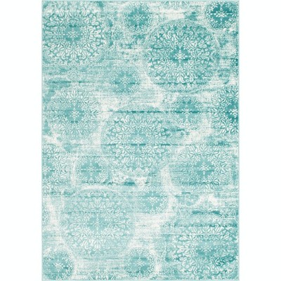 Turquoise and White Synthetic Low Pile Area Rug