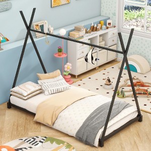 Kumasinova Metal House Twin Bed Frames,Platform Twin Bed Frame with X-Shaped Safety Rails,Bed Frame Twin with Triangle Structure,Toddler Beds for Kids - 1 of 4