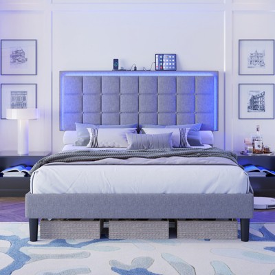 AMERLIFE Button Tufted Platform Bed Frame with LED Lights and Charging Station