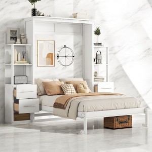 Mshliw Modern Full Murphy Bed Cabinet with Storage Drawers, Wall Bed with LED Light, Foldable Space Saving Bed with Shelves, Pull Down Mechanism - 1 of 4
