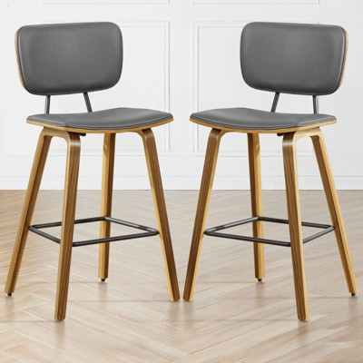 Bekrvio 26" Counter Height Bar Stools - PU Leather Upholstered with Backs, Bent Wood Legs, Mid Century Modern Counter Stools for Kitchen Island