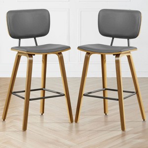 Bekrvio 26" Counter Height Bar Stools - PU Leather Upholstered with Backs, Bent Wood Legs, Mid Century Modern Counter Stools for Kitchen Island - 1 of 4