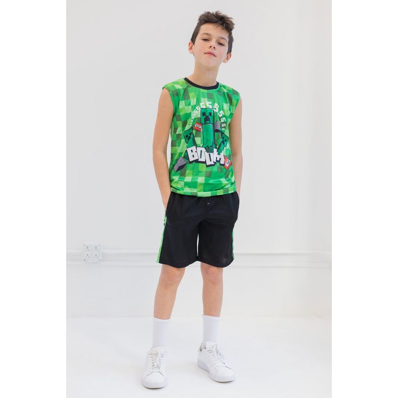 Minecraft Creeper Graphic T-Shirt Tank Top and Mesh Shorts 3 Piece Outfit Set Little Kid to Big Kid, 4 of 10